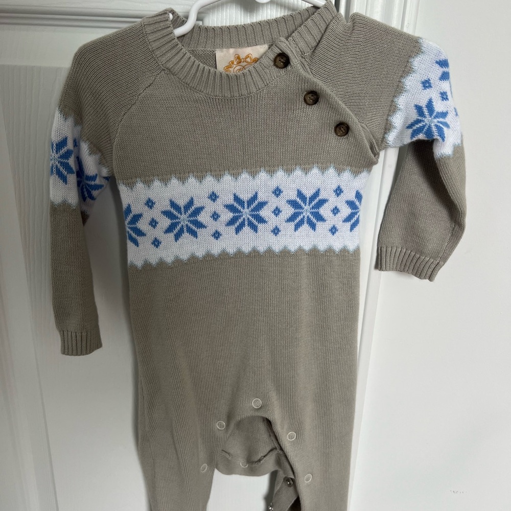 The Beaufort Bonnet Company Tan and Blue Snowflake Bodysuit